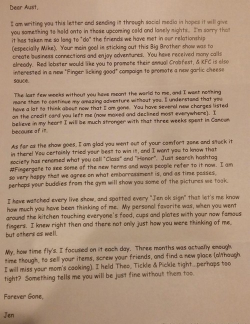 Big Brother 17 Exclusive Report: Austin’s Ex-Girlfriend Jen’s Break-Up Hate Letter is Fake – She Didn’t Write It!