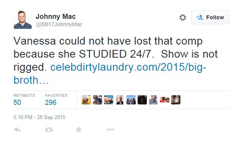 Big Brother 17 Johnny Mac Claims BB17 Not Rigged, Vanessa Rousso Not Favored in Twitter Rant